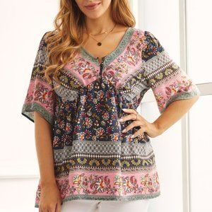 NWT! Suzanne Betro Weekend | Pink & Navy Floral Empire-Waist Tunic  TB1-27